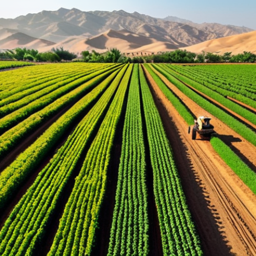 Home 11 **Prompt:** A lush organic farm in the Middle East, aerial view. Diverse crops are thriving in neat rows. A farmer uses a drone to survey the fields, bathed in warm sunlight. In the background, rolling hills and a clear blue sky. Focus on vibrant colors and healthy plants. Include Arabic script signage for "Organic Farm."