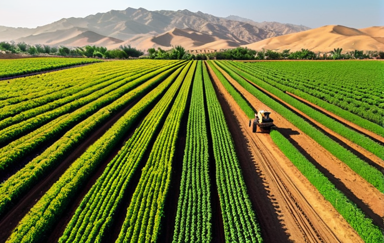 **Prompt:** A lush organic farm in the Middle East, aerial view. Diverse crops are thriving in neat rows. A farmer uses a drone to survey the fields, bathed in warm sunlight. In the background, rolling hills and a clear blue sky. Focus on vibrant colors and healthy plants. Include Arabic script signage for "Organic Farm."