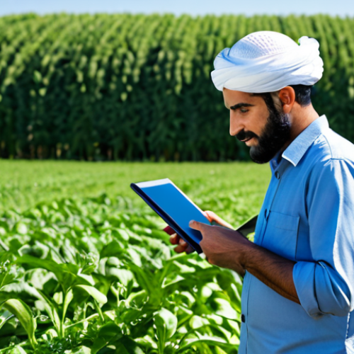 Home 6 A professional Arab organic farmer, fully clothed in a modest, practical work shirt and trousers, standing in a lush, healthy organic farm field with rows of vibrant green crops. He is carefully inspecting a plant with one hand, while holding a tablet or a smart farming device in the other, in a natural pose. Subtle elements of modern technology like a solar panel or a small sensor station are visible in the background. The scene is illuminated by soft natural lighting under a clear blue sky. Professional photography, high resolution, realistic, perfect anatomy, correct proportions, well-formed hands, proper finger count, natural body proportions, safe for work, appropriate content, fully clothed, professional dress.
