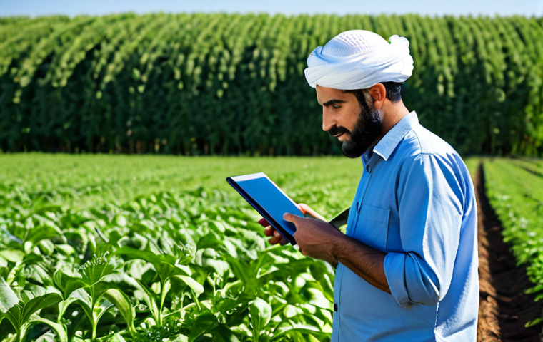 A professional Arab organic farmer, fully clothed in a modest, practical work shirt and trousers, standing in a lush, healthy organic farm field with rows of vibrant green crops. He is carefully inspecting a plant with one hand, while holding a tablet or a smart farming device in the other, in a natural pose. Subtle elements of modern technology like a solar panel or a small sensor station are visible in the background. The scene is illuminated by soft natural lighting under a clear blue sky. Professional photography, high resolution, realistic, perfect anatomy, correct proportions, well-formed hands, proper finger count, natural body proportions, safe for work, appropriate content, fully clothed, professional dress.