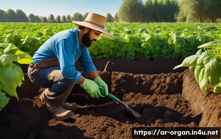 유기농업 실기 시험 - A detailed scene of an organic farm field in a Middle Eastern setting, showing a farmer wearing trad...