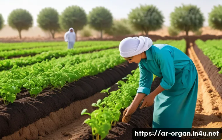 유기농업 자격증과 실무 경험 연결하기 - A detailed scene of an organic farm in the Middle East featuring a male and female agronomist wearin...