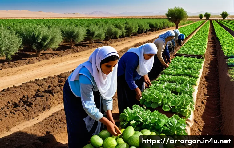 유기농업 이론과 실무의 차이점 - A vibrant organic farm scene in the Middle East during a changing season, showing diverse crops incl...