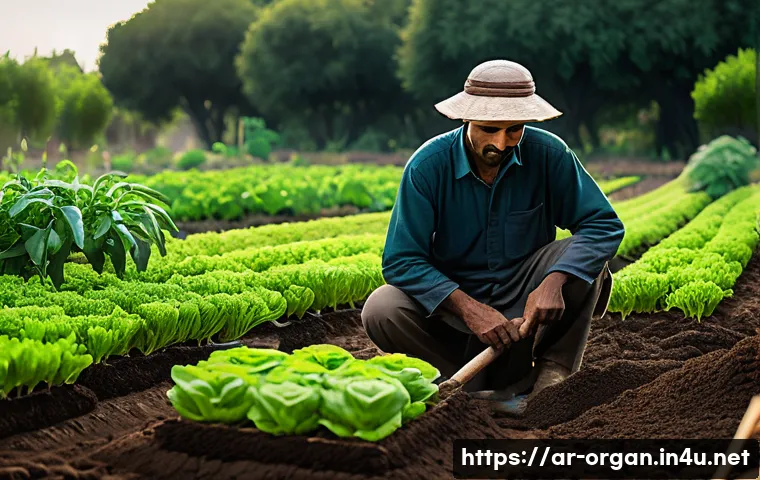 유기농업 실기 연습 강의 - A vibrant organic farm scene in a Middle Eastern setting, showing a farmer preparing the soil by han...