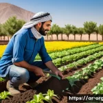유기농업 분야의 취업 전략 - A vibrant organic farm scene in a Middle Eastern setting, showing an adult male farmer wearing modes...