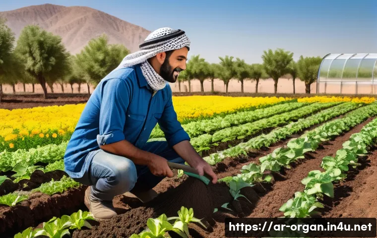 유기농업 분야의 취업 전략 - A vibrant organic farm scene in a Middle Eastern setting, showing an adult male farmer wearing modes...