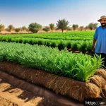 유기농업 자격 취득 후 이직 - A modern organic farm in the Middle East with lush green fields, local Arab farmers wearing traditio...