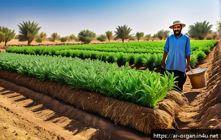 유기농업 자격 취득 후 이직 - A modern organic farm in the Middle East with lush green fields, local Arab farmers wearing traditio...