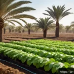 유기농업 분야 이직 팁 - A vibrant organic farm scene in an Arabian setting showing a diverse crop field with leafy vegetable...