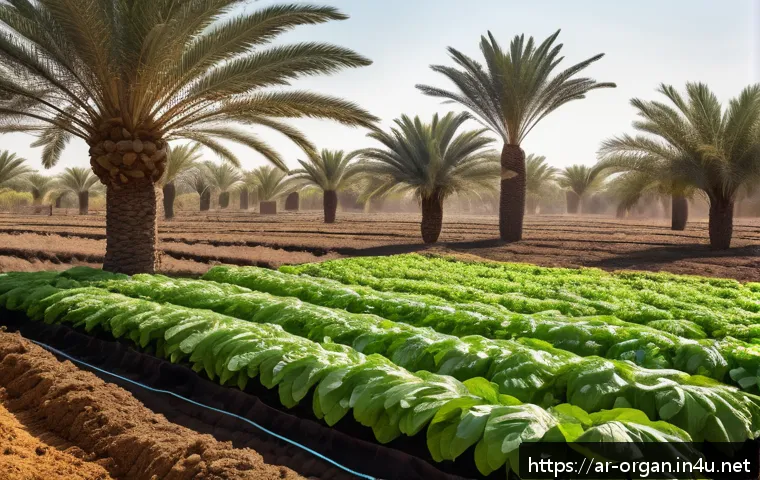 유기농업 분야 이직 팁 - A vibrant organic farm scene in an Arabian setting showing a diverse crop field with leafy vegetable...