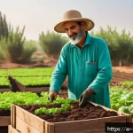 유기농업 자격증 취득 후 업무 변화 - A vibrant organic farm scene in a Middle Eastern setting, showing a skilled farmer wearing tradition...