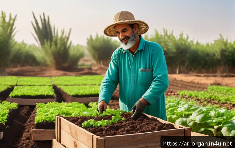 유기농업 자격증 취득 후 업무 변화 - A vibrant organic farm scene in a Middle Eastern setting, showing a skilled farmer wearing tradition...