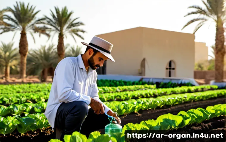 유기농업 경력 개발 - Photorealistic organic farming career scene in a sunlit date-palm oasis field, an Arab agricultural ...