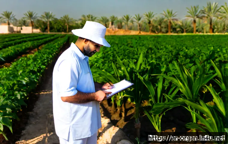 Home 17 유기농업 자격증 취득 후 업무 - Photorealistic organic agriculture field inspector in modest professional clothing and sun hat exami...