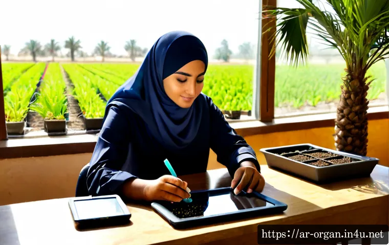 유기농업 분야 진로 개발 전략 - Photorealistic organic agriculture career planning scene in a sunlit Gulf-region farm office, young ...