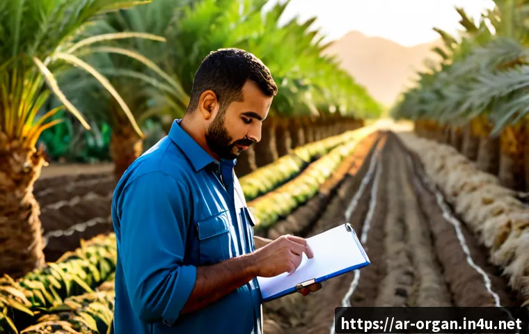 유기농업 자격증 취득 후의 업무 현황 - Photorealistic organic farm specialist of Arab heritage inspecting thriving rows of vegetables in a ...